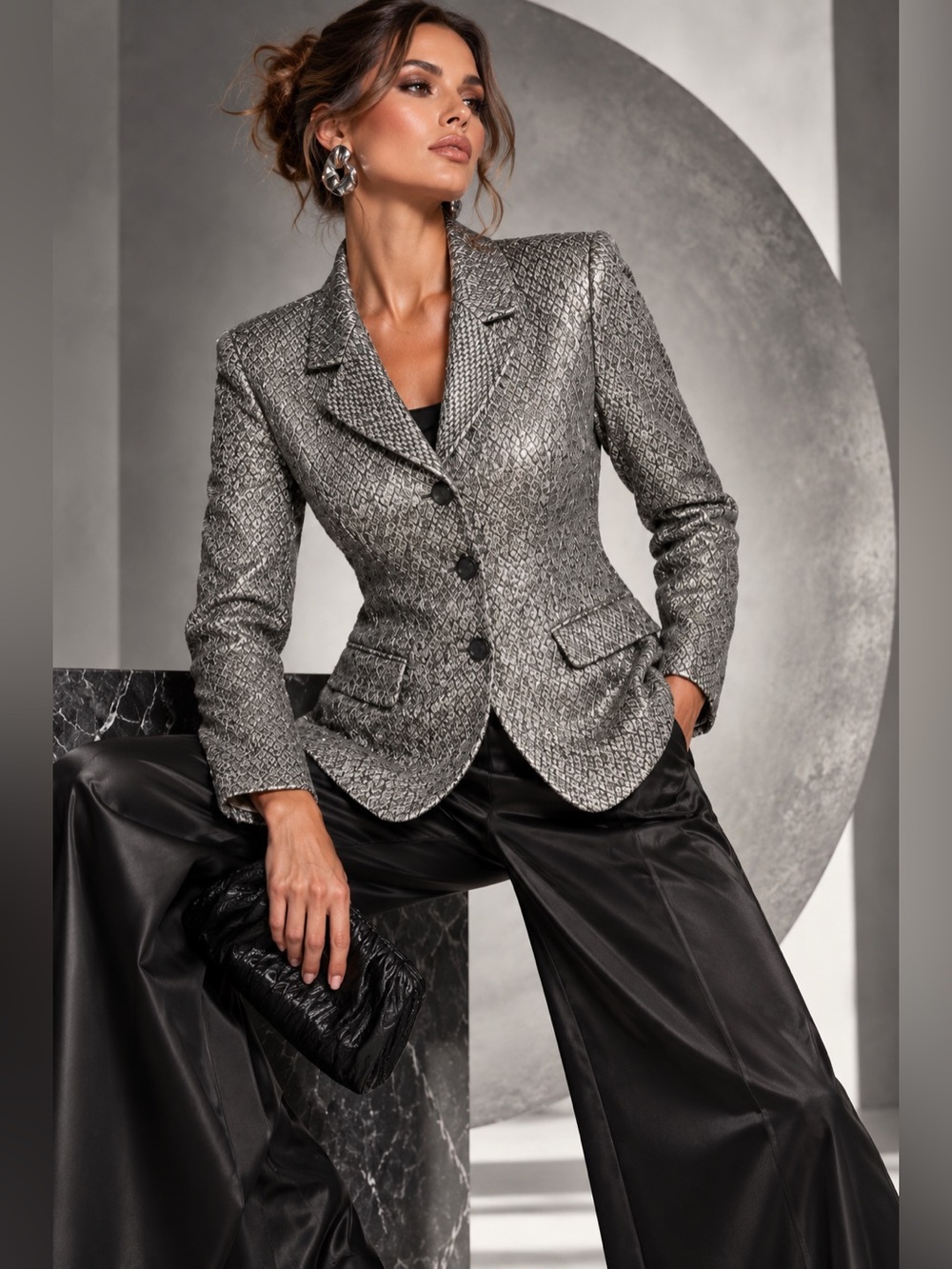Escada Sz 8 Silk Blend Blazer Metallic Silver Textured Tweed Jacket EU40